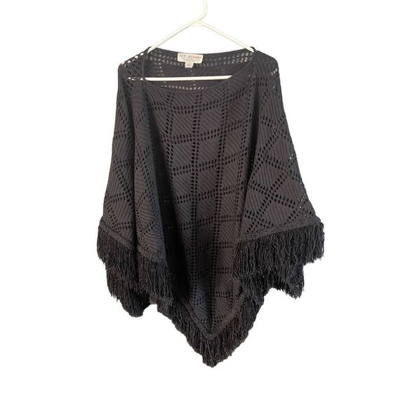 St. John Collection Women Black Ladder Lace Cut-Out Fringe Poncho Sweater Large - Picture 14 of 14